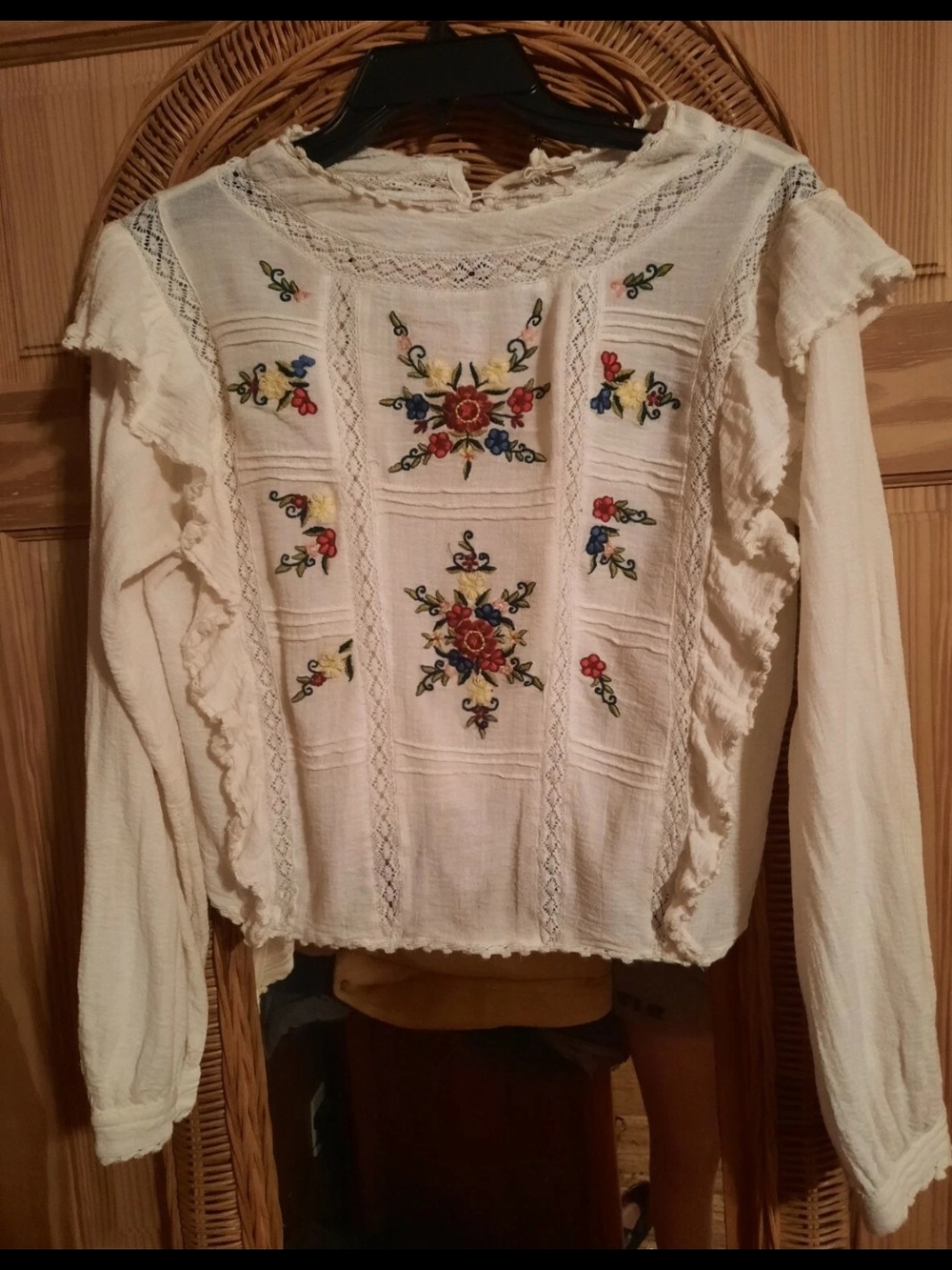 Free People Cream Embroidered Ruffle-Trim Blouse